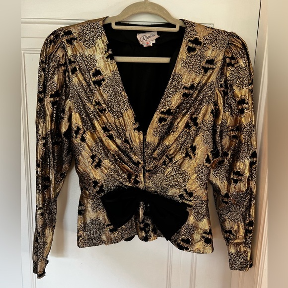 Vintage Gold Metallic Brocade Size M Evening Blouse Black Bow 80s Cocktail Top - Picture 2 of 10